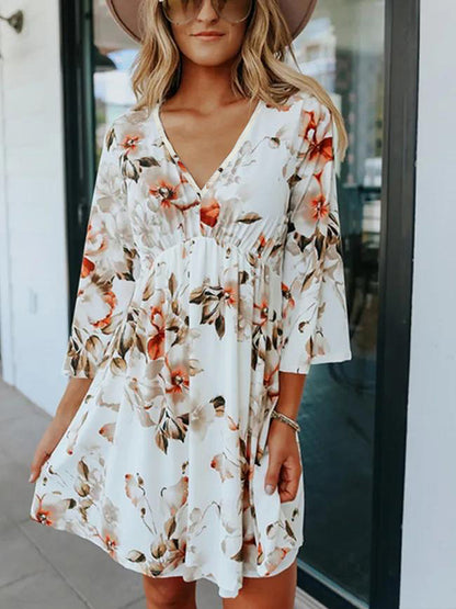 Floral V-Neck Three-Quarter Sleeve Dress