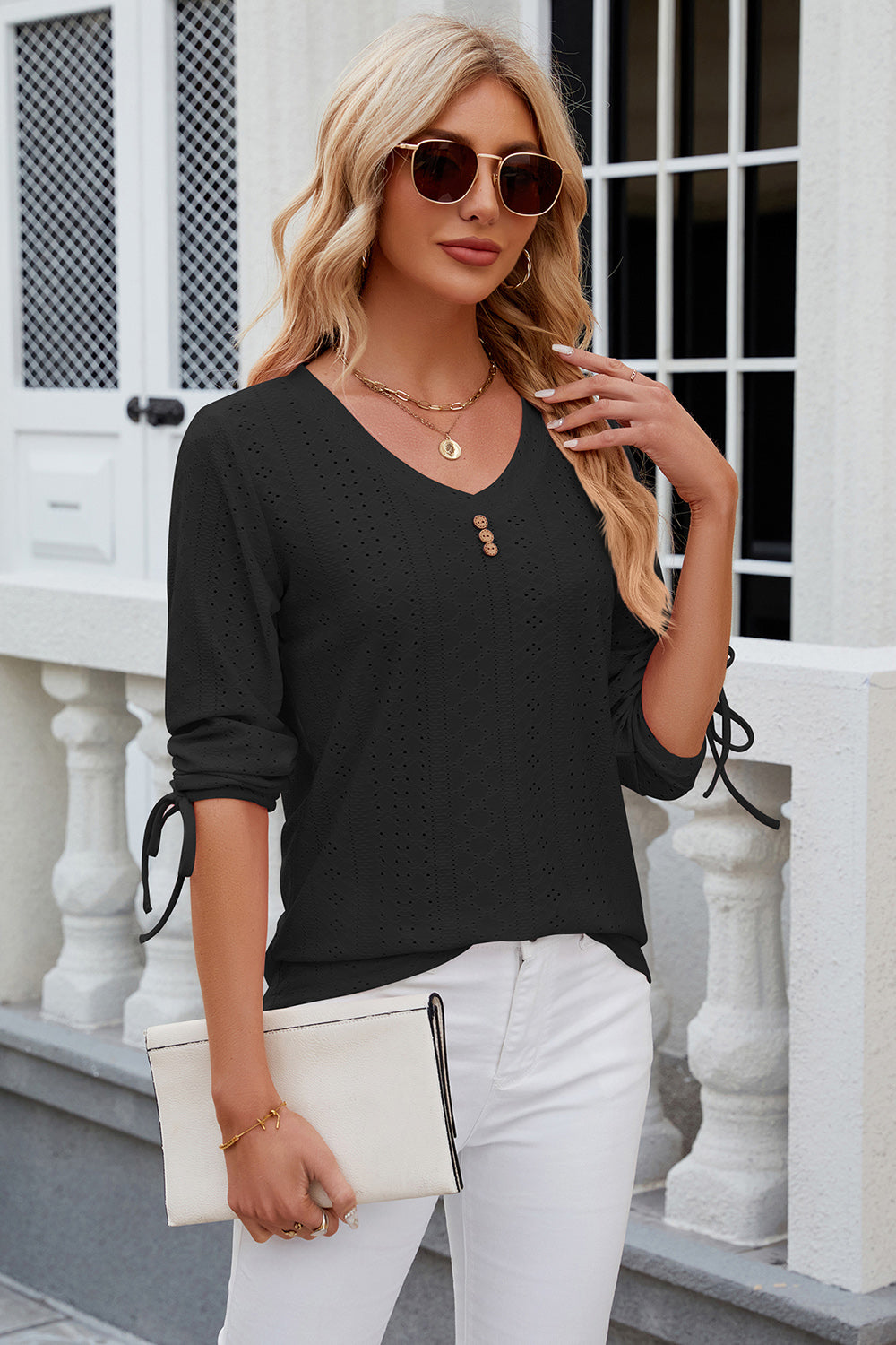 Eyelet Drawstring V-Neck Half Sleeve T-Shirt