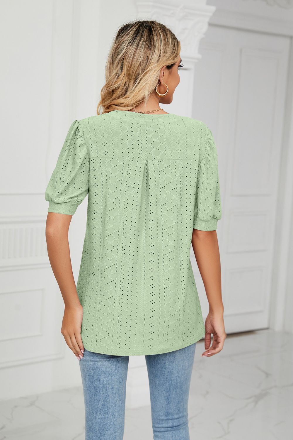 Eyelet Short Puff Sleeve Notched Neck Top