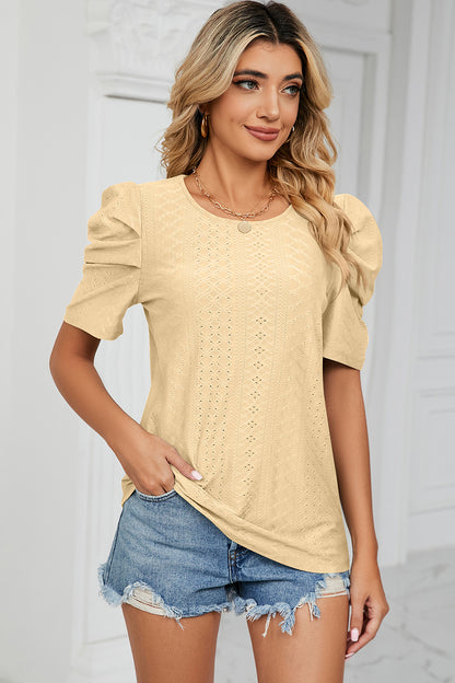 Eyelet Round Neck Puff Sleeve T-Shirt