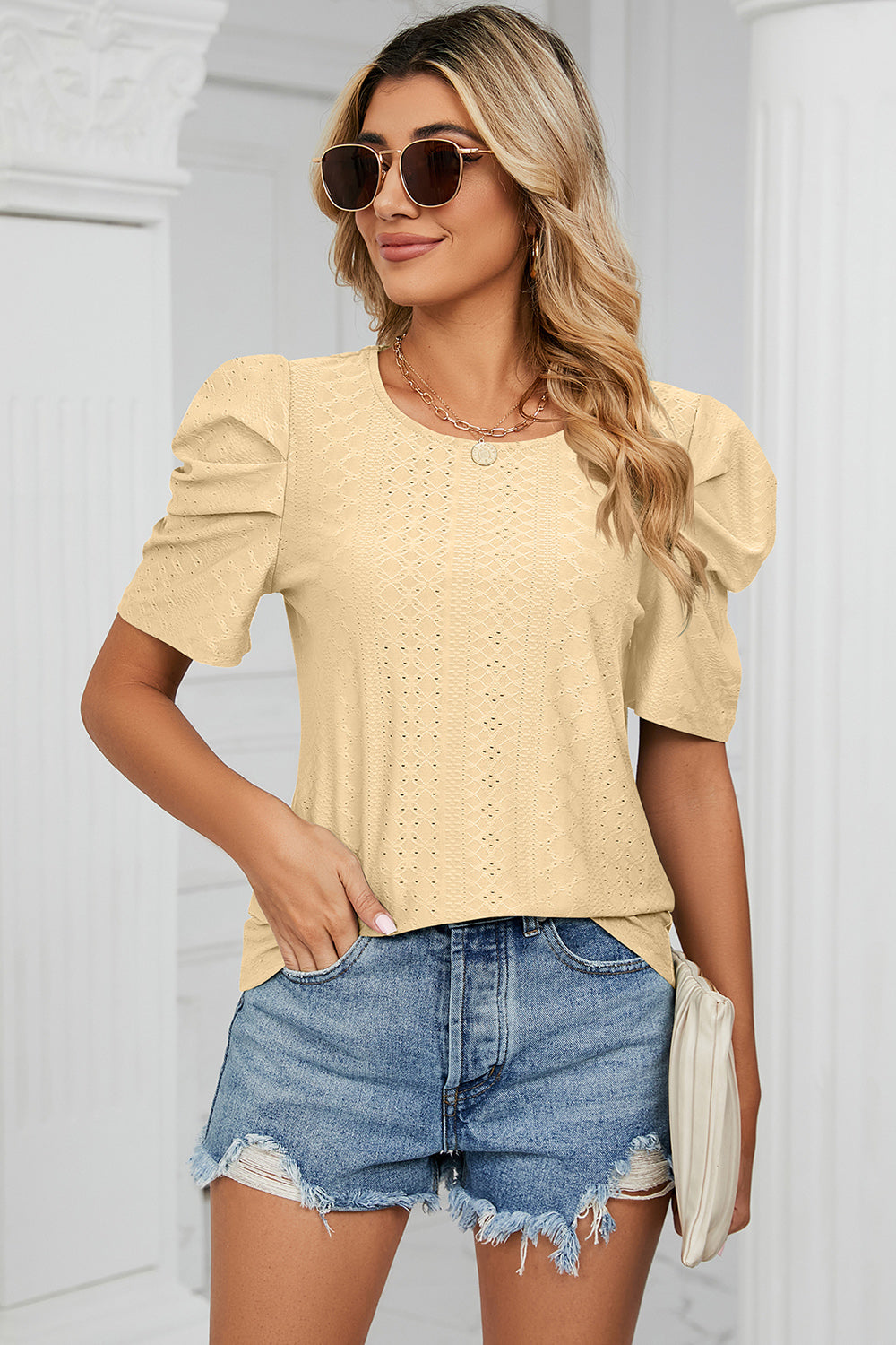 Eyelet Round Neck Puff Sleeve T-Shirt