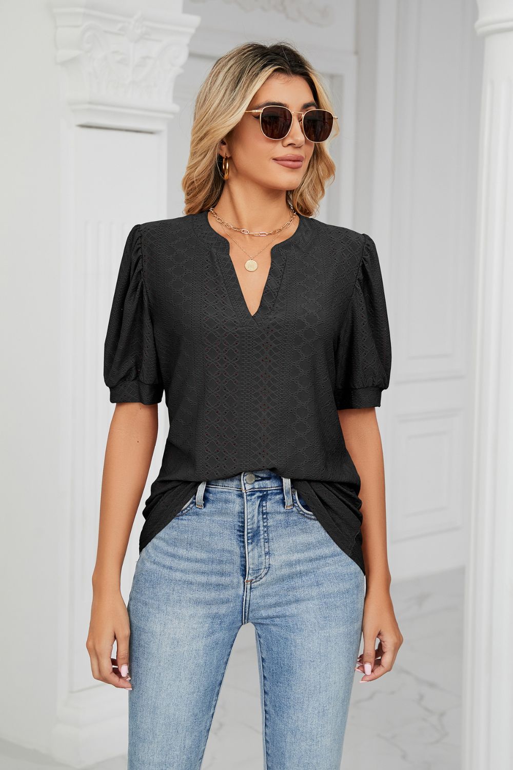 Eyelet Short Puff Sleeve Notched Neck Top