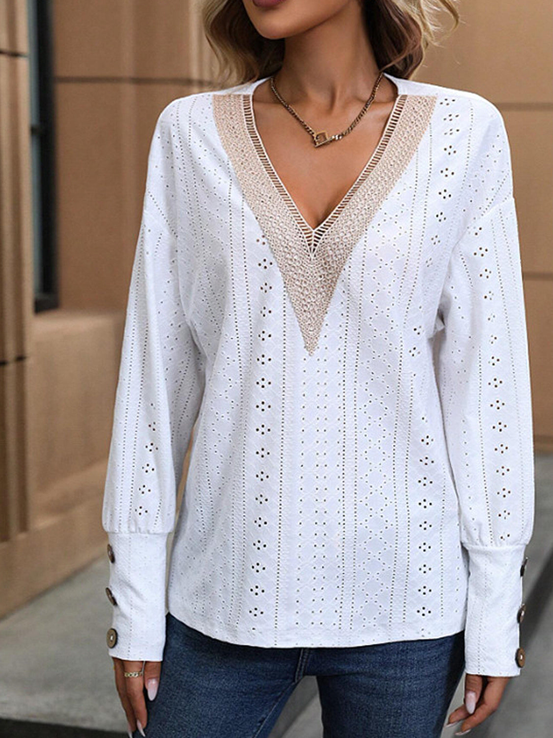 Eyelet V-Neck Dropped Shoulder Top