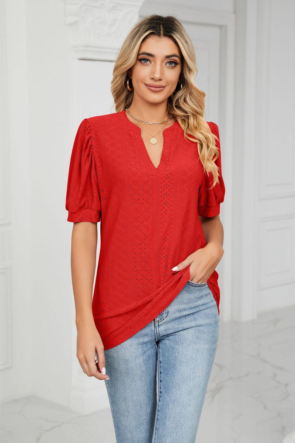 Eyelet Short Puff Sleeve Notched Neck Top