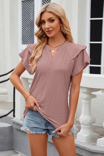 Eyelet Notched Short Sleeve T-Shirt