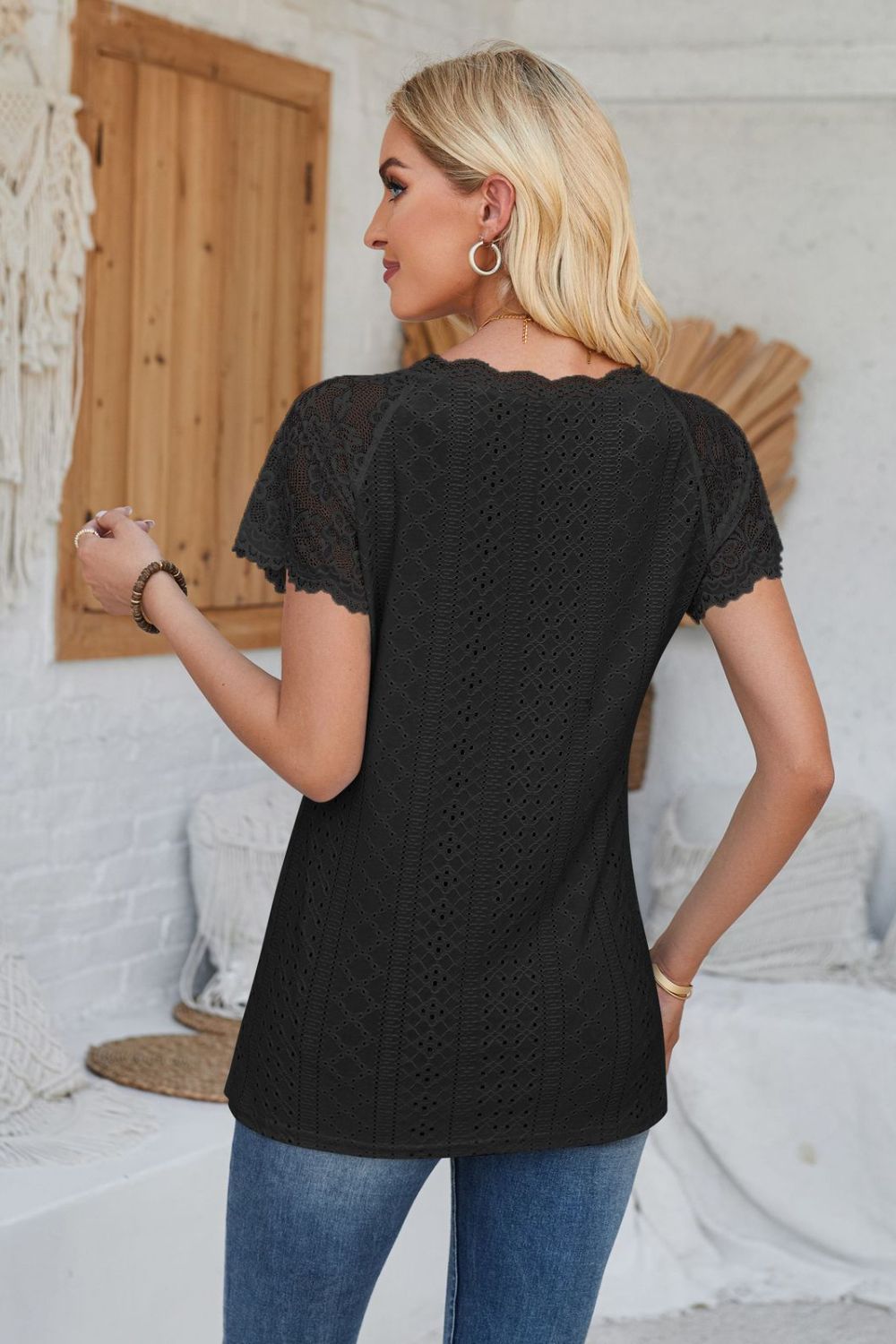 Eyelet V-Neck Lace Short Sleeve T-Shirt