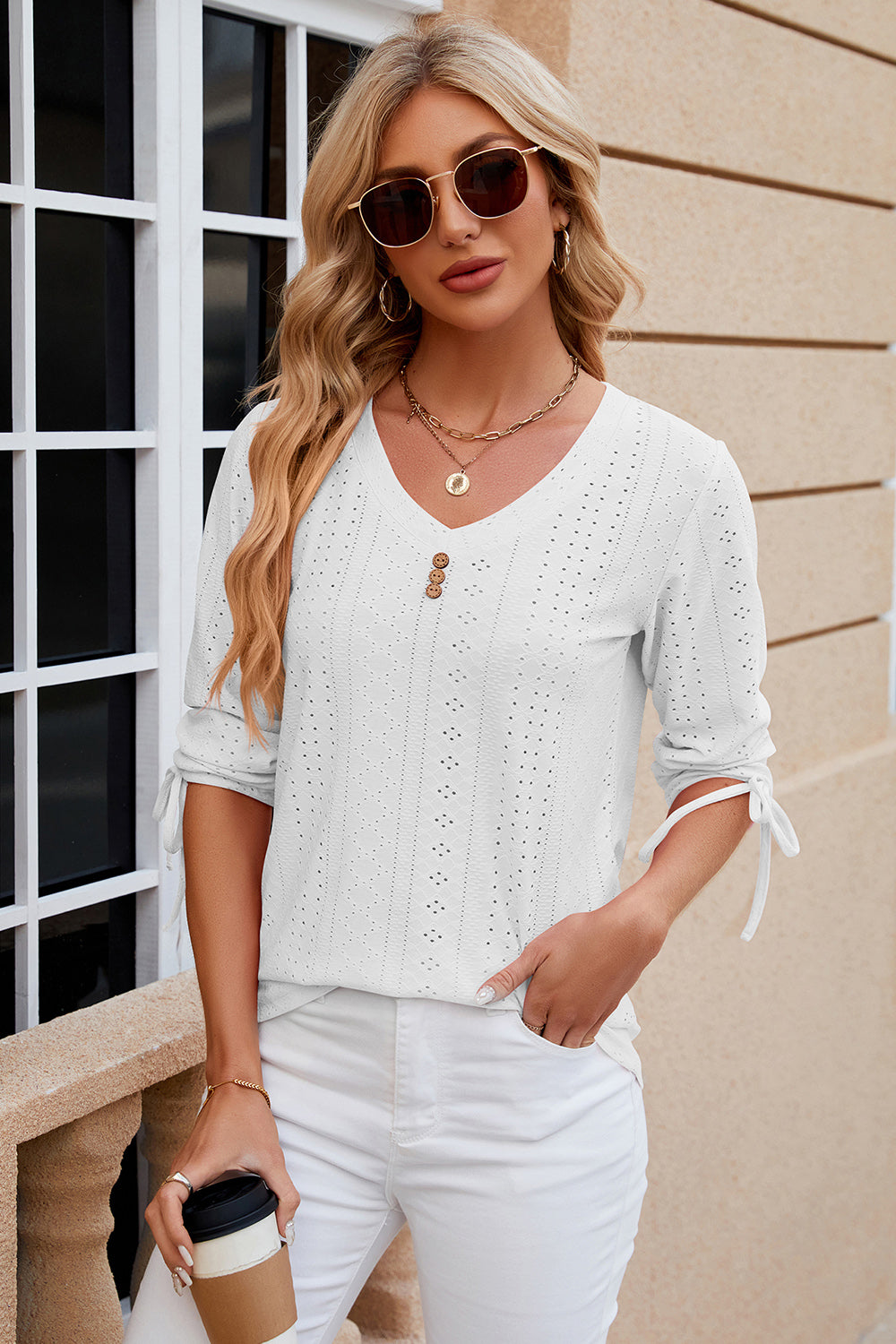 Eyelet Drawstring V-Neck Half Sleeve T-Shirt