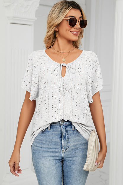 Eyelet Tie Neck Flutter Sleeve Blouse