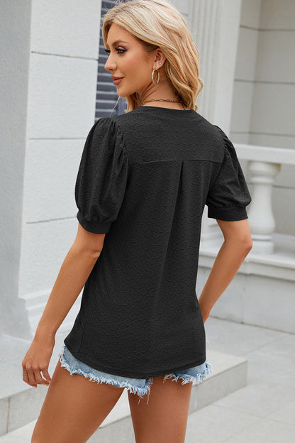 Eyelet Notched Puff Sleeve T-Shirt