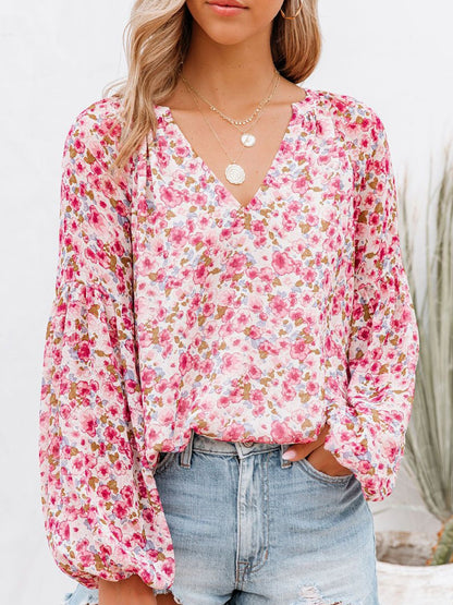 Floral Notched Balloon Sleeve Blouse