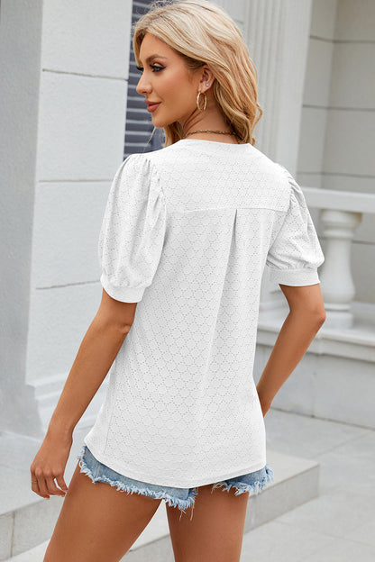 Eyelet Notched Puff Sleeve T-Shirt