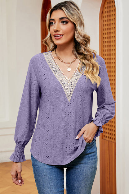 Eyelet V-Neck Flounce Sleeve T-Shirt