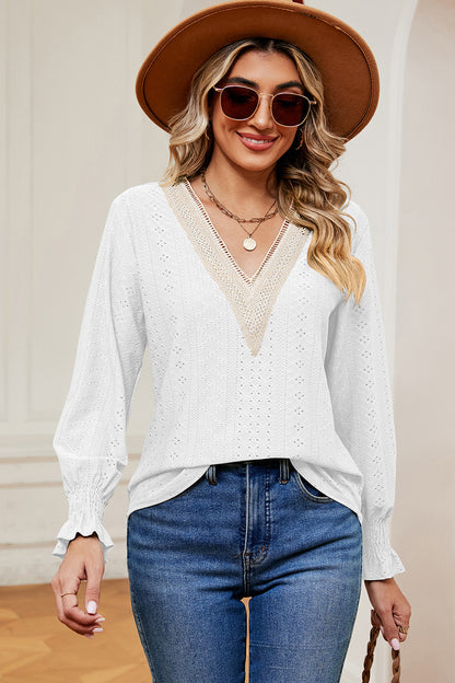 Eyelet V-Neck Flounce Sleeve T-Shirt