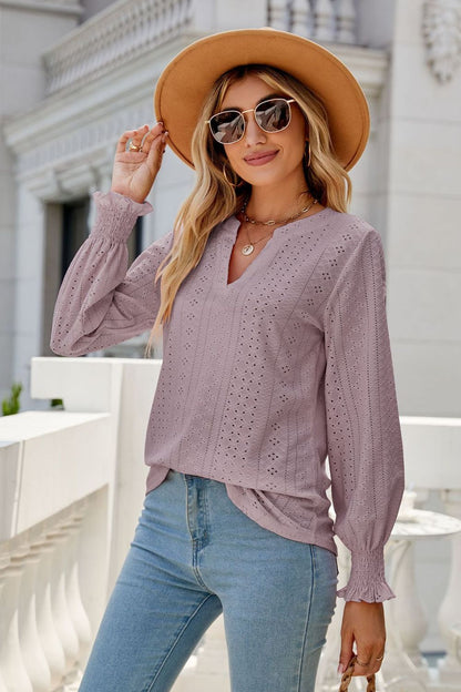 Notched Flounce Sleeve Eyelet Top