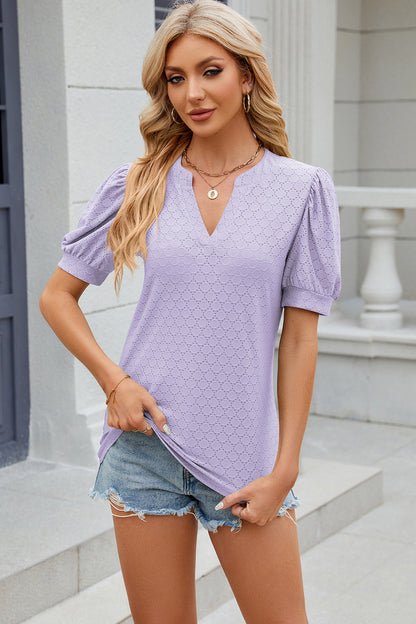 Eyelet Notched Puff Sleeve T-Shirt