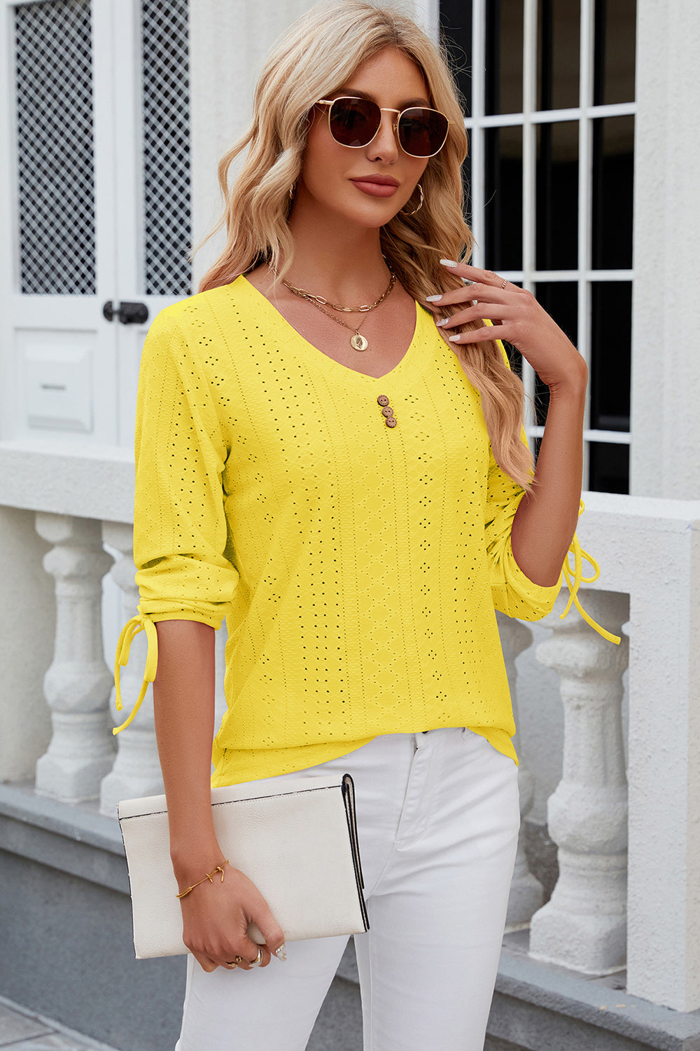 Eyelet Drawstring V-Neck Half Sleeve T-Shirt