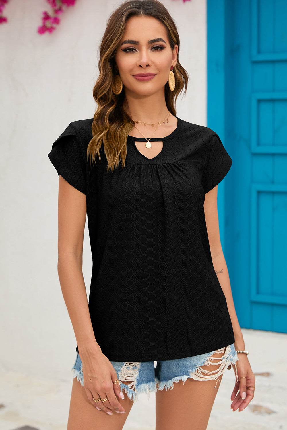 Eyelet Round Neck Short Sleeve T-Shirt