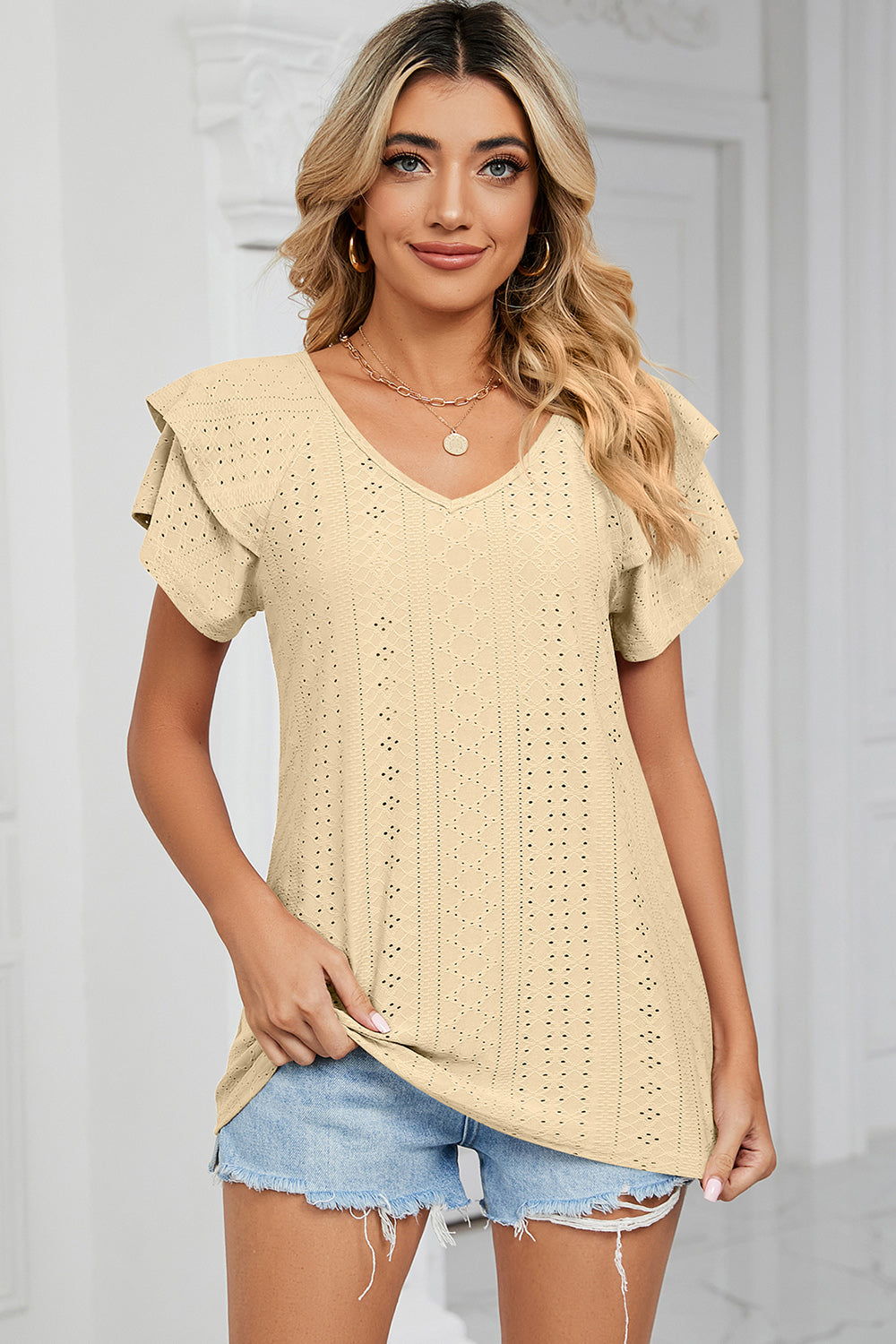 Eyelet V-Neck Short Sleeve T-Shirt