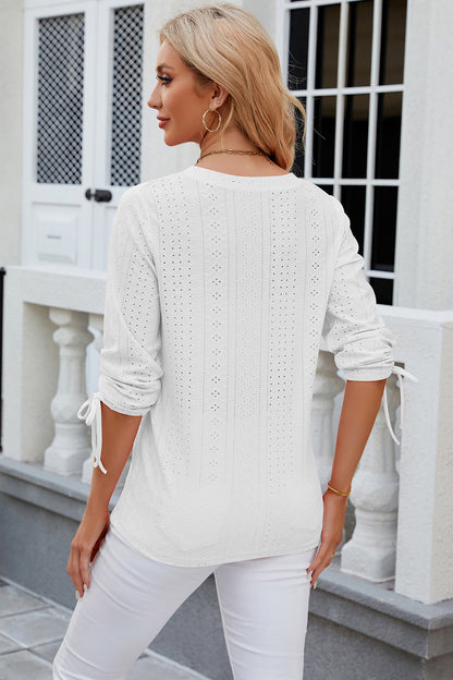 Eyelet Drawstring V-Neck Half Sleeve T-Shirt