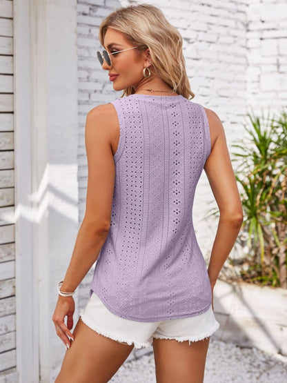 Eyelet Decorative Button V-Neck Tank