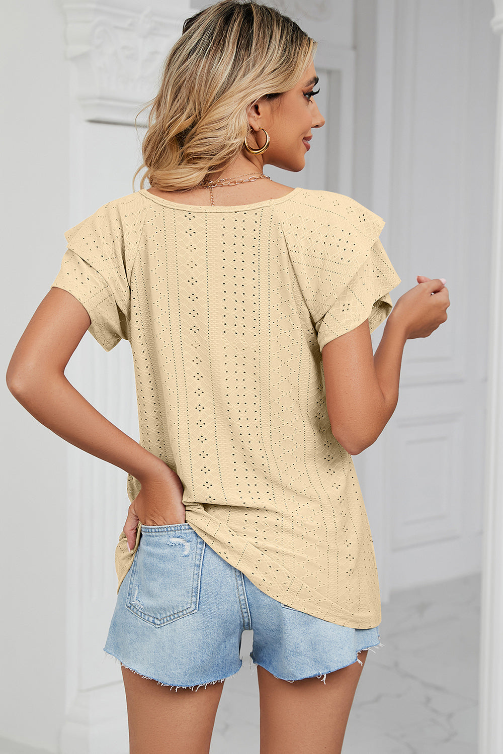 Eyelet V-Neck Short Sleeve T-Shirt